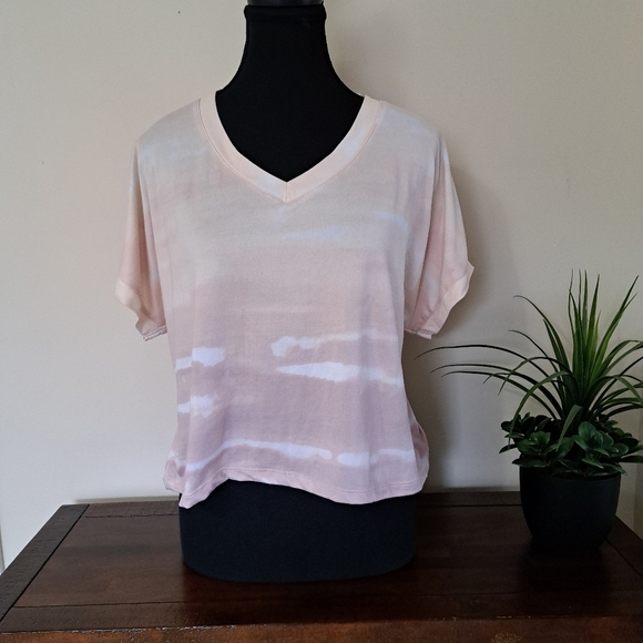 Danskin Short Sleeved Tee Pink Striped Tie Dye Top Women's Large Activewear - Picture 1 of 12